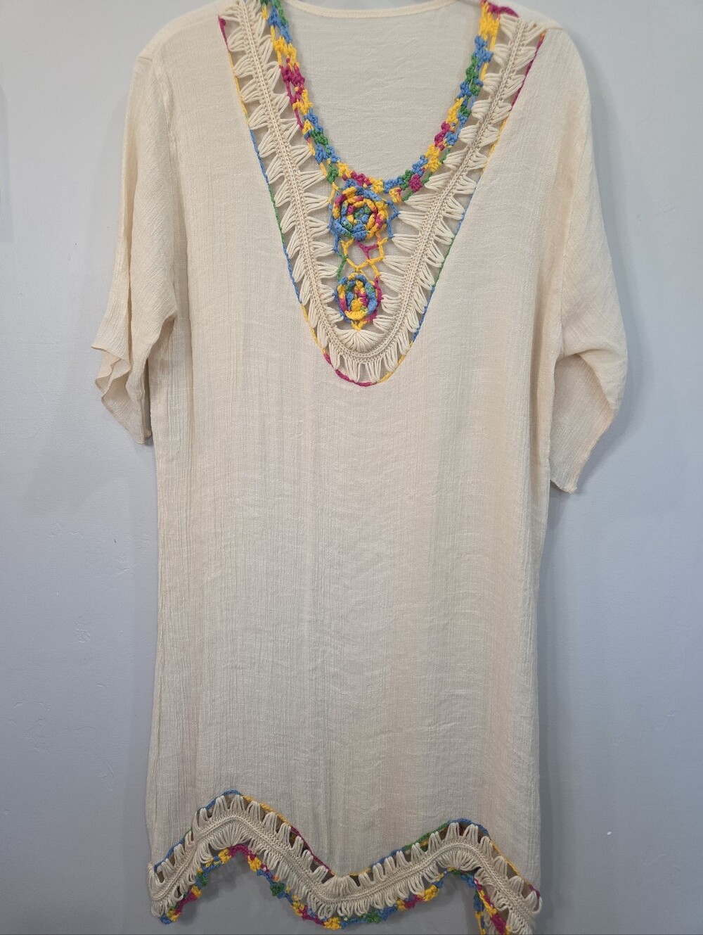 Shein Rainbow Crochet Lace Swim Coverup Mini Dress Semi Sheer 3D Flower